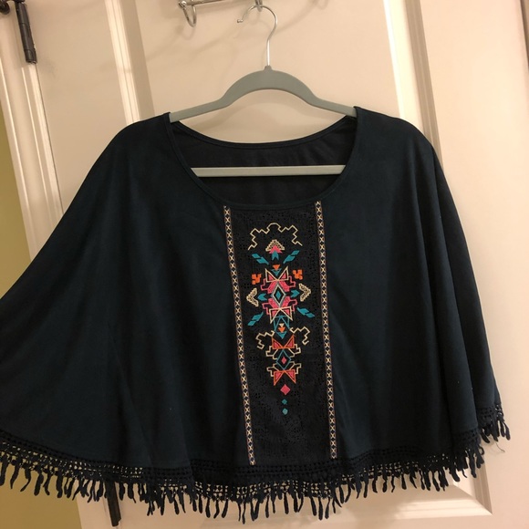Embroidery boho poncho top shirt suede hippies - Picture 2 of 5